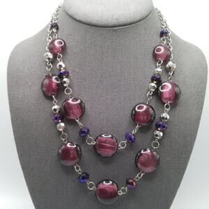 Purple Flat Round Beaded Necklace, Purple Crystal Beads, Two Strands, 24 Inches